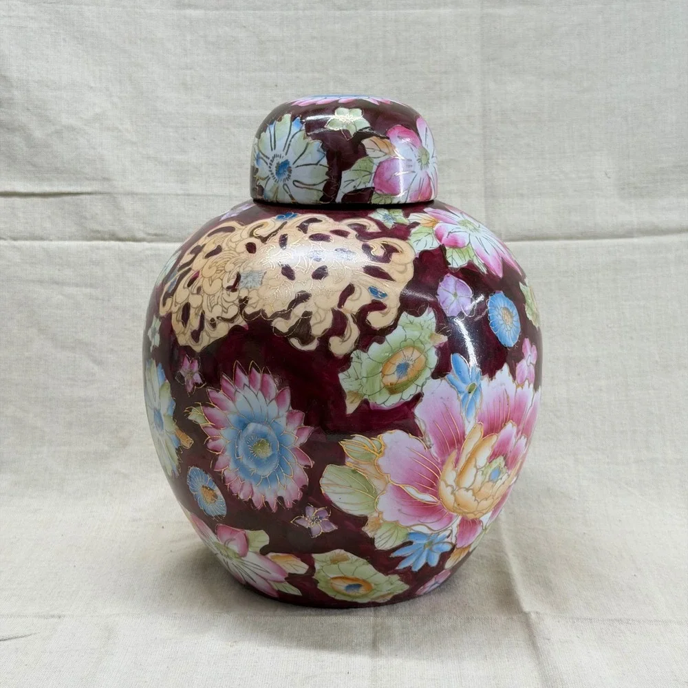 Vintage Floral Ginger Jar Oxblood Ceramic Lidded Vase Grandmillennial Decor